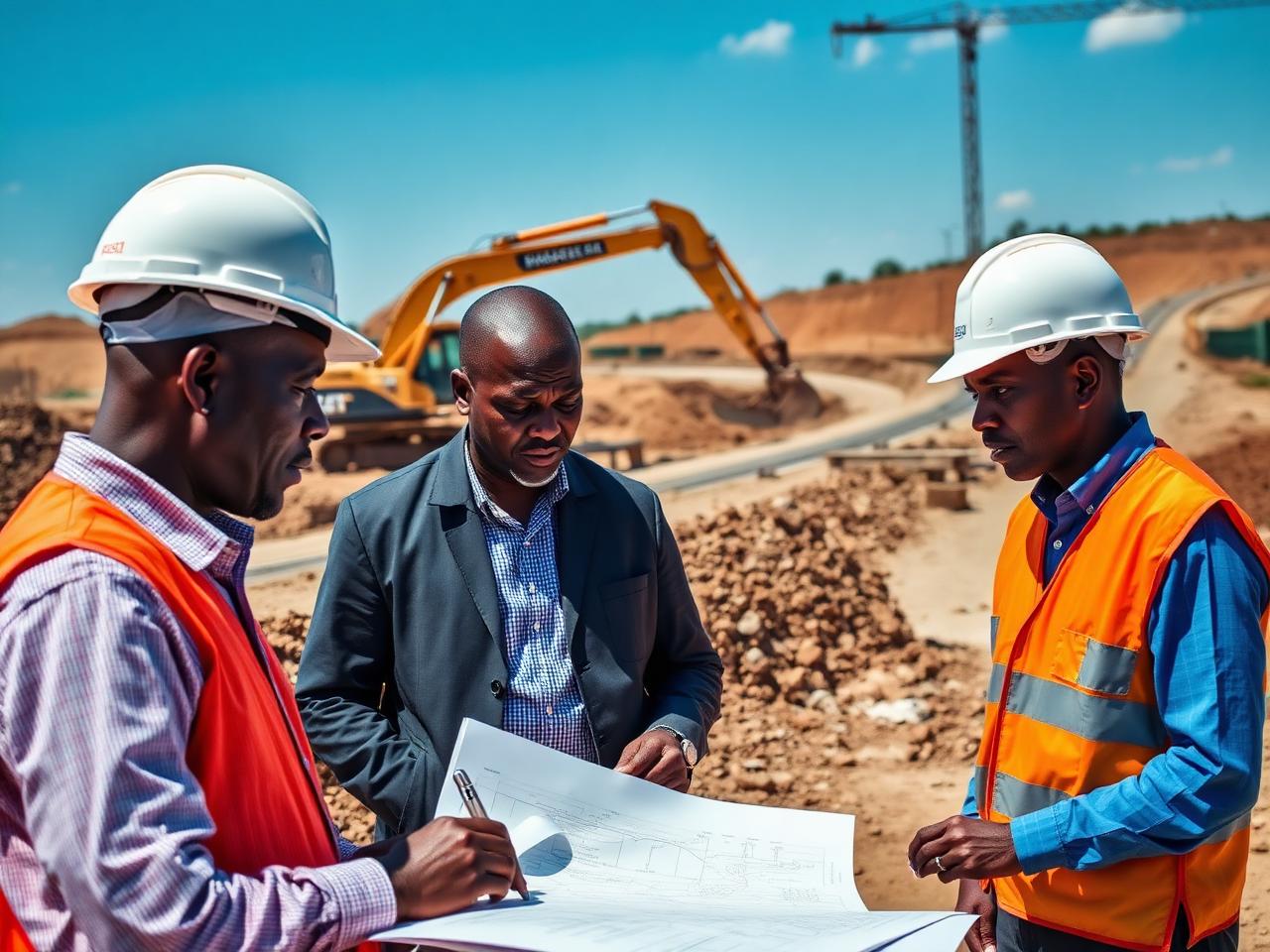 Équipe EGCM examinant des plans d'exécution sur un chantier